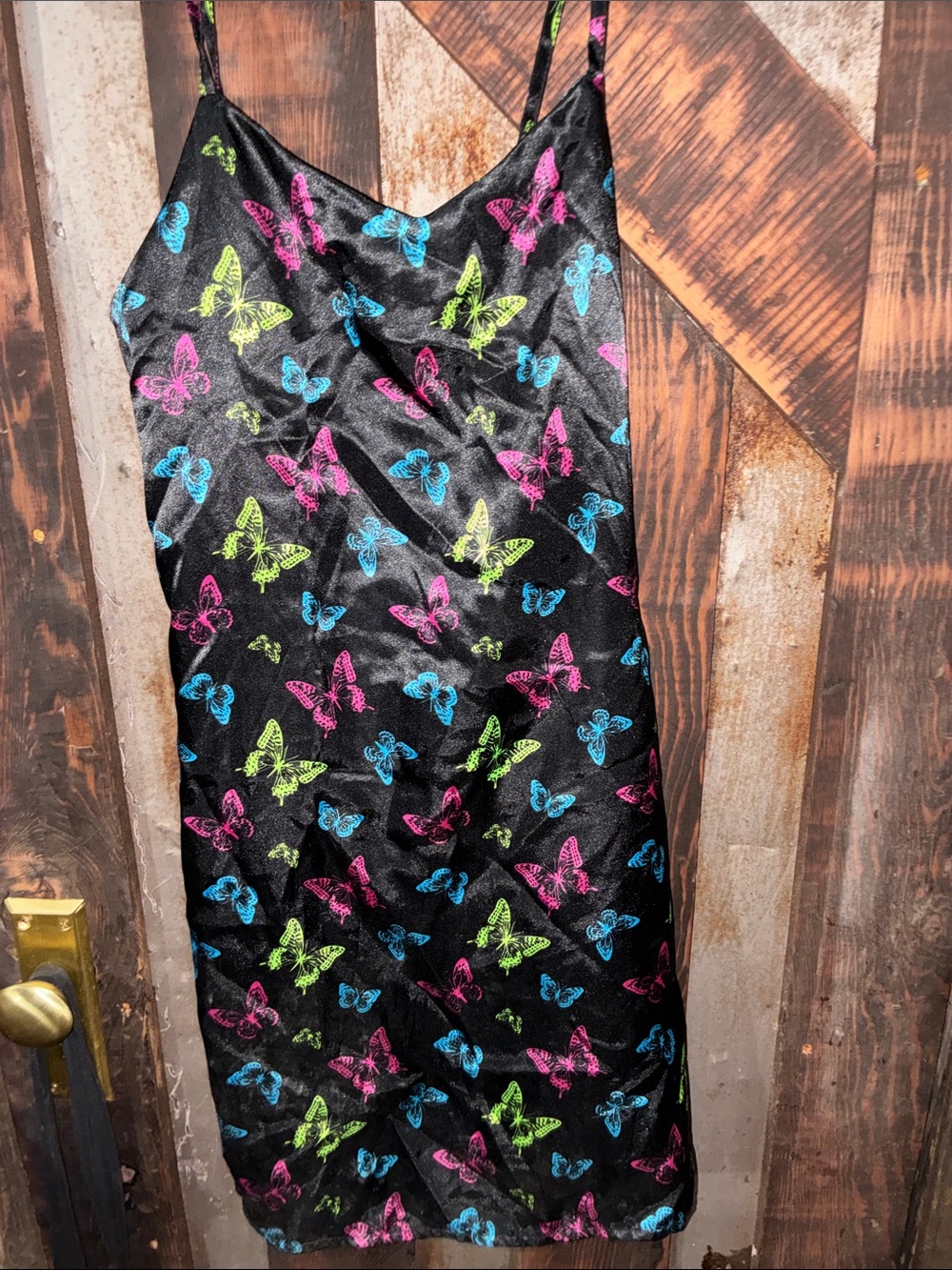 art class Black Slip Dress with Neon Butterfly Print (Pink, Blue, Lime)